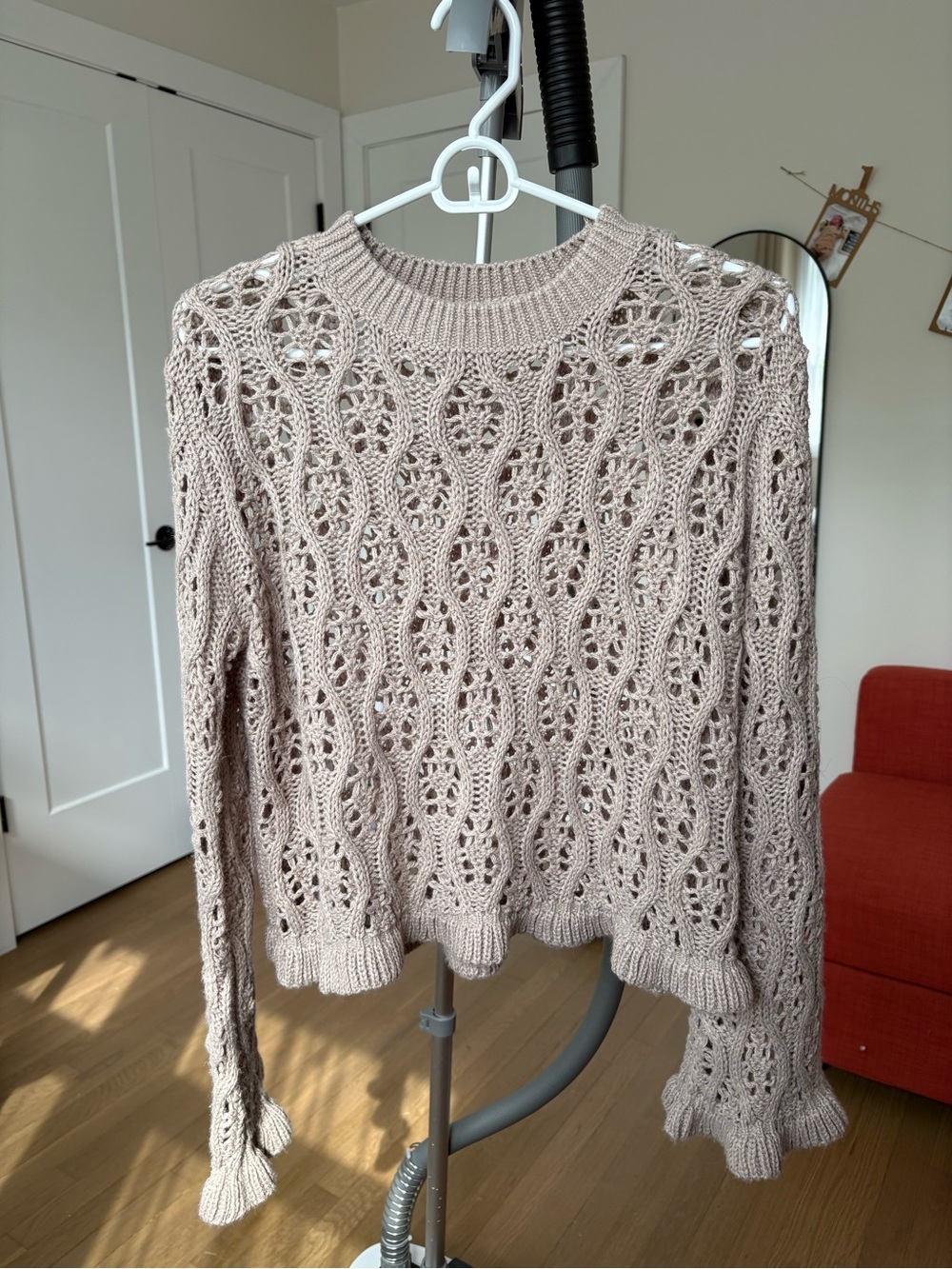 Divided H&M Open-Knit Crewneck Sweater in Light Beige